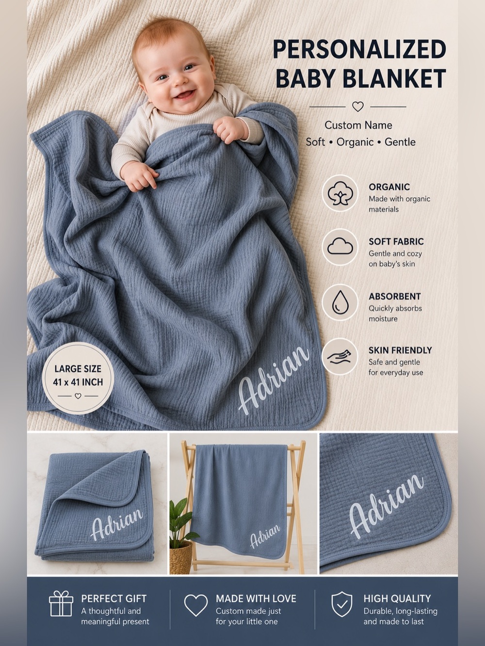 Personalized Baby Blanket. Muslin Swaddle Blankets for Newborn, 2 Pack.